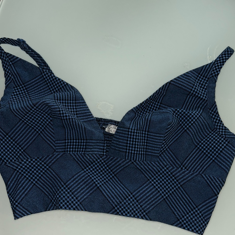 FREE PEOPLE Blue Plaid Cropped Top Bralette Medium